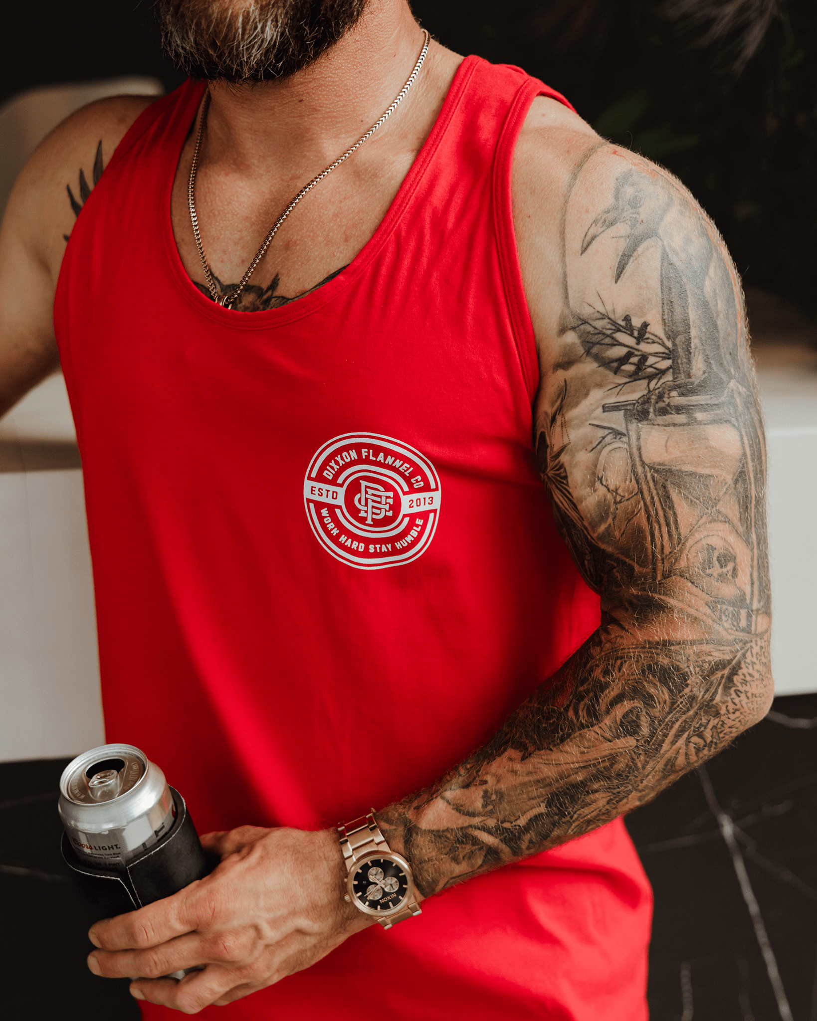 White Work Hard Badge Tank - Red - Dixxon Flannel Co.