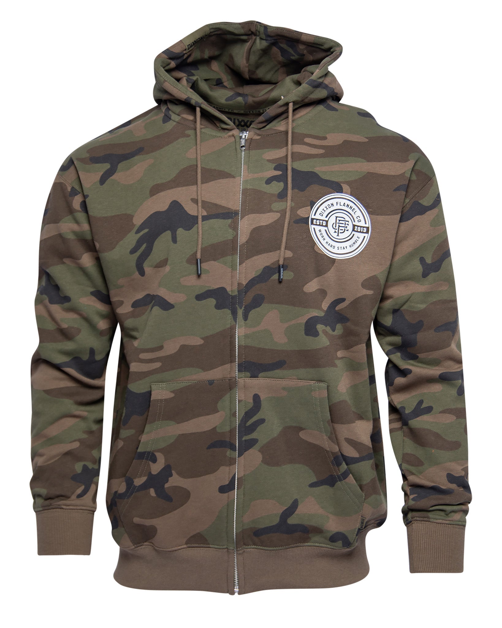 White Work Hard Badge Zip Up - Camo | Dixxon Flannel Co.