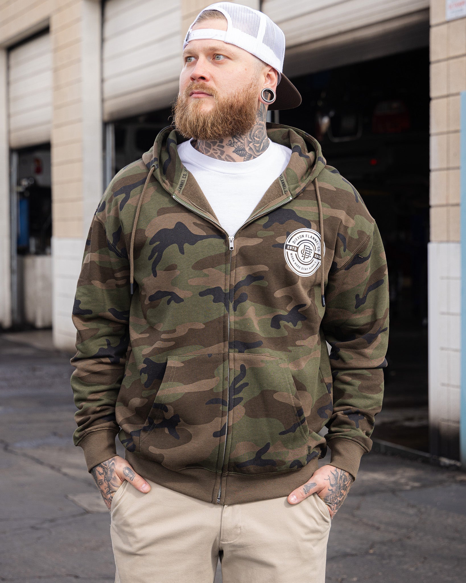 White Work Hard Badge Zip Up - Camo | Dixxon Flannel Co.