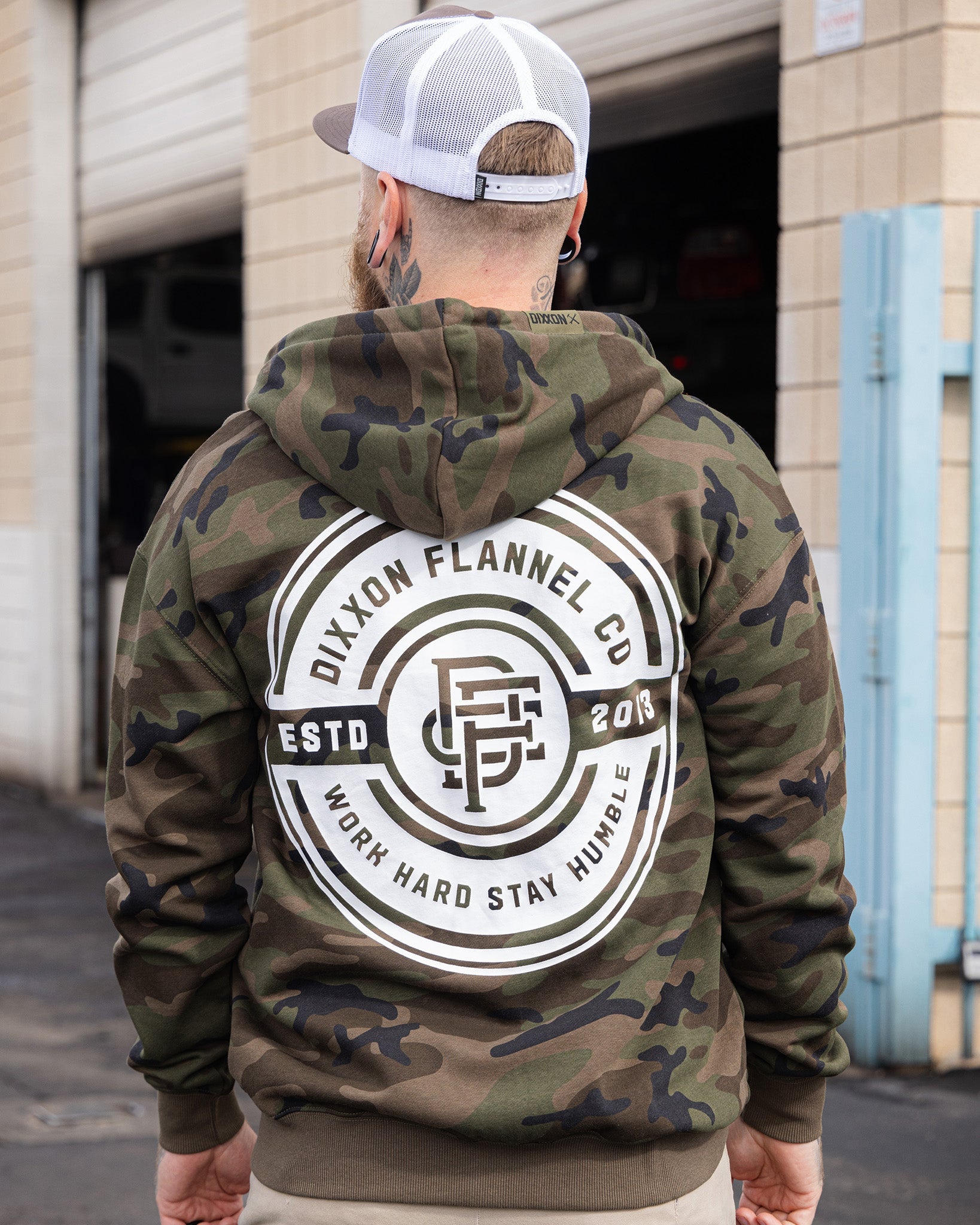 White Work Hard Badge Zip Up - Camo | Dixxon Flannel Co.