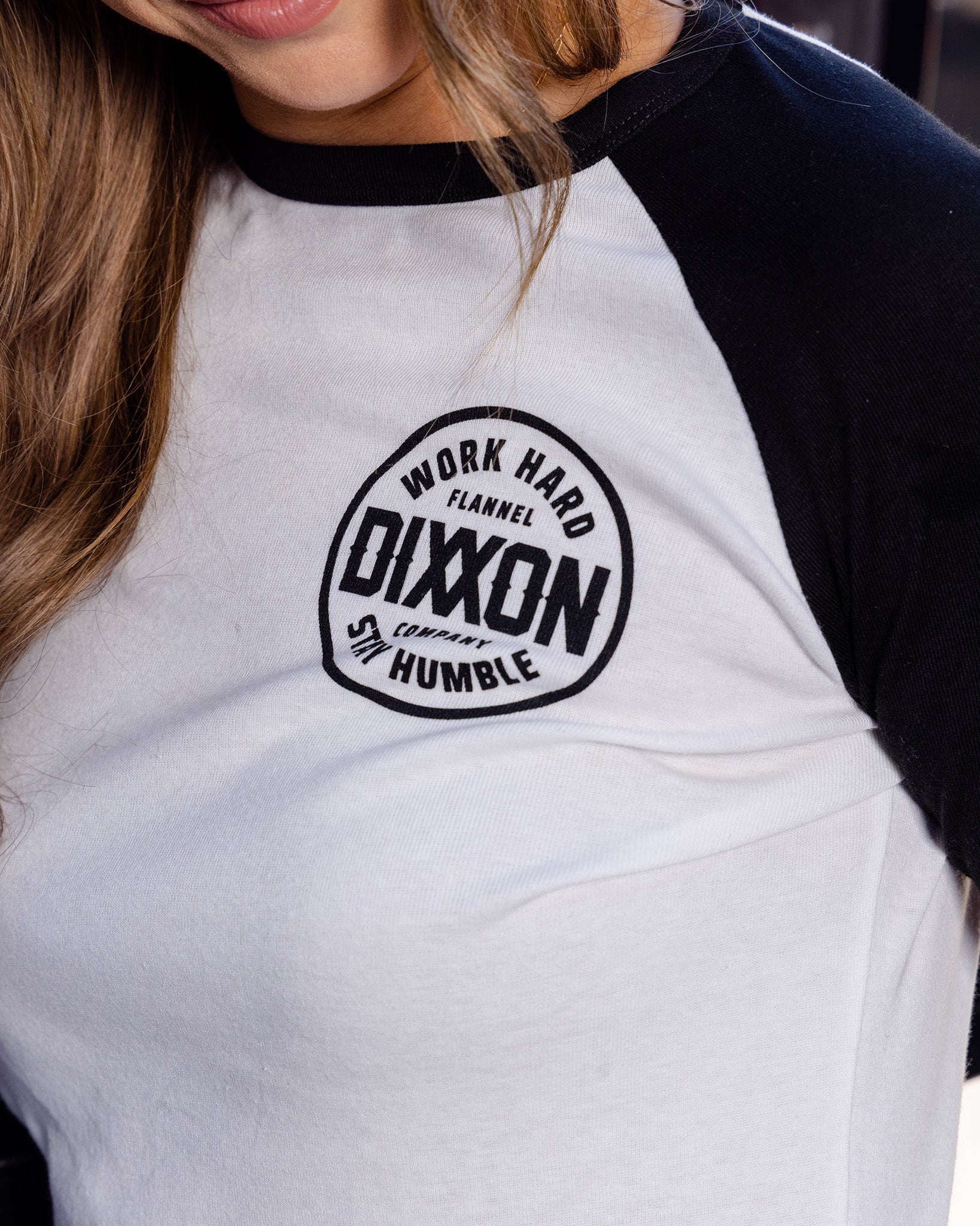 Women's Black Nuevo Corpo Raglan 3/4 Tee - White - Dixxon Flannel Co.