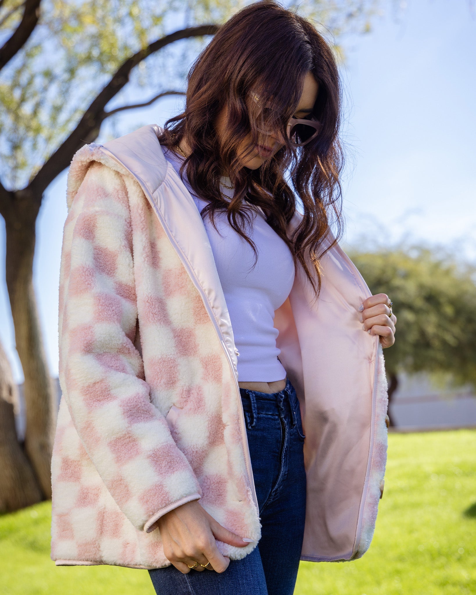PINK HOUSE モヘアシャギーノーカラーチェックジャケット Dixxon Women's Pink & Cream Sherpa Cardigan: Shop Now | Dixxon