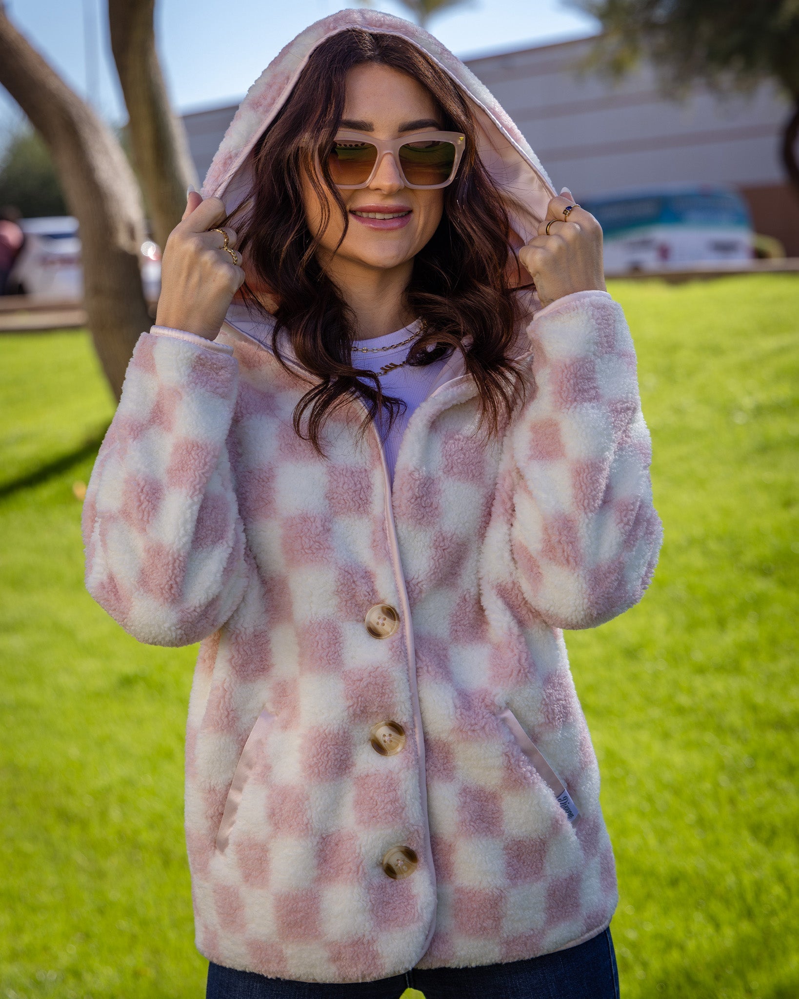 Women's Checkered Sherpa Cardigan - Pink & Cream - Dixxon Flannel Co.