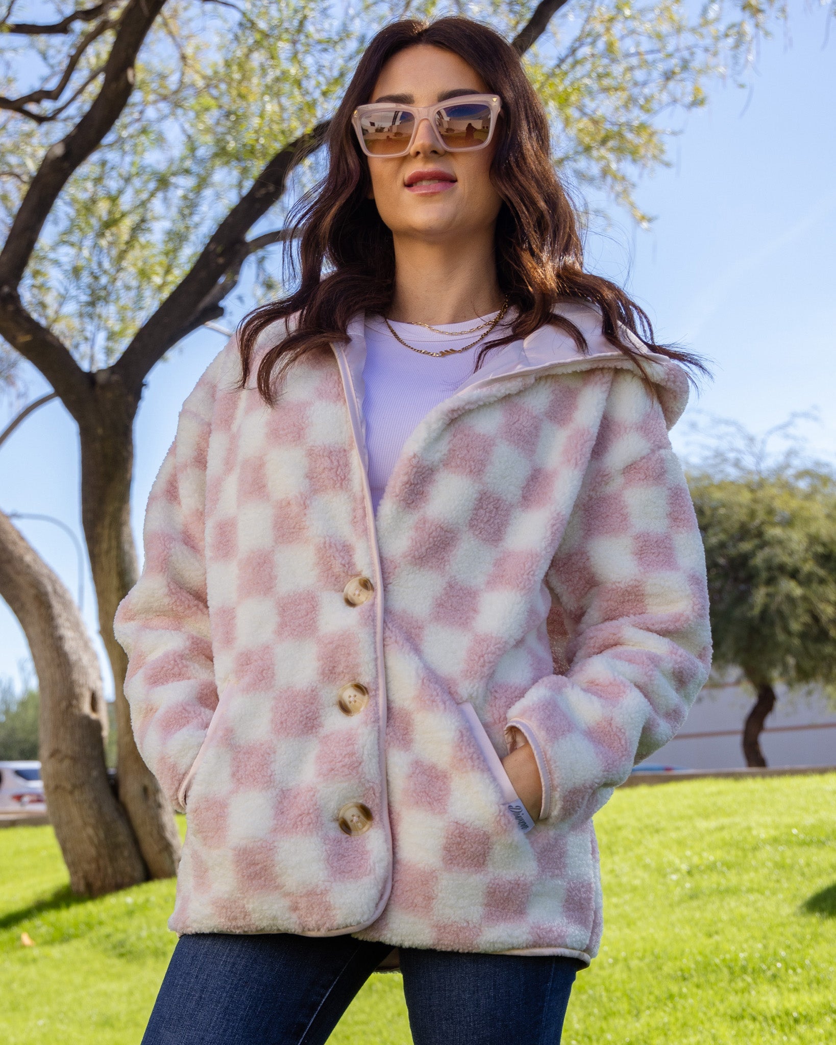 Women's Checkered Sherpa Cardigan - Pink & Cream - Dixxon Flannel Co.