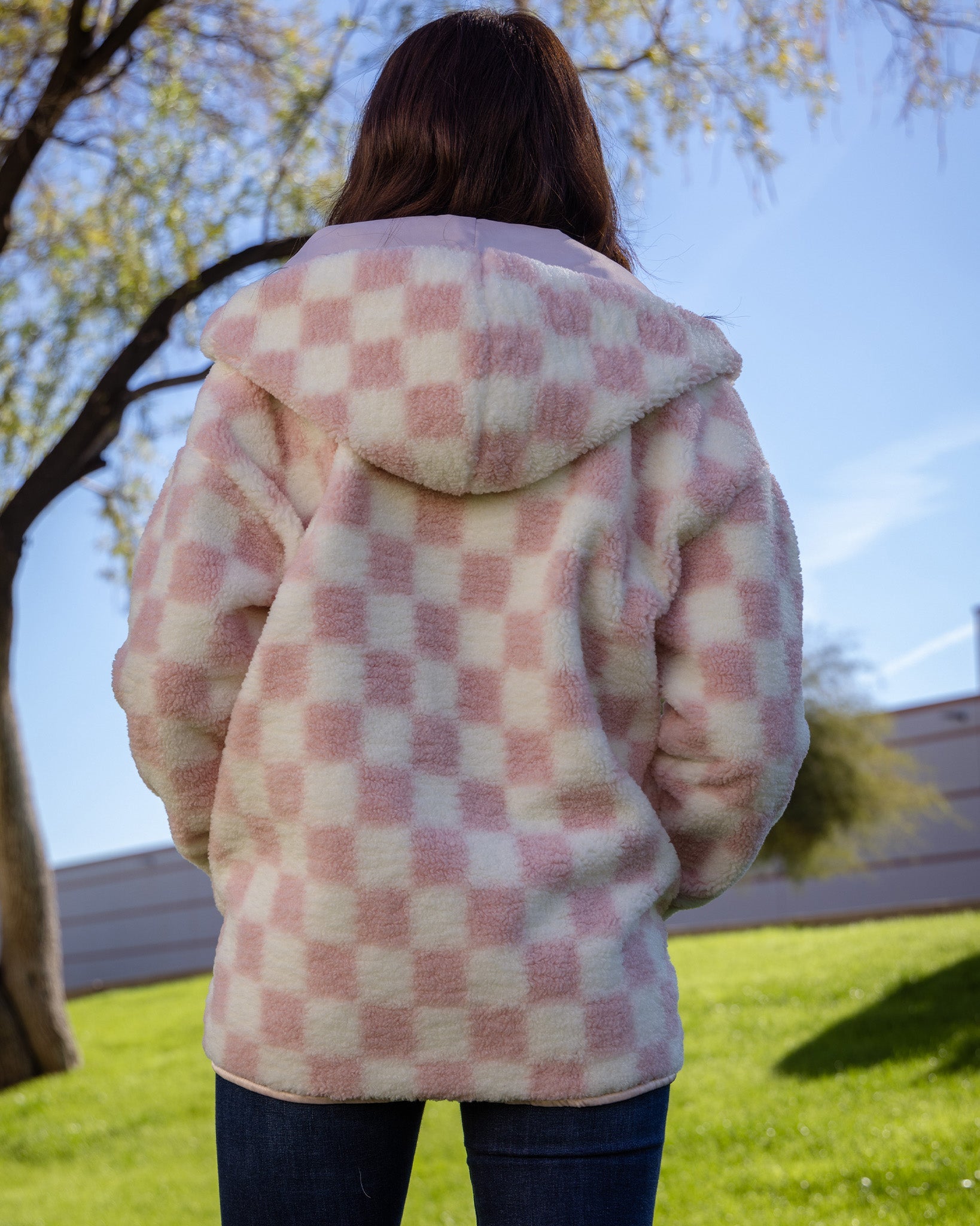 Women's Checkered Sherpa Cardigan - Pink & Cream - Dixxon Flannel Co.