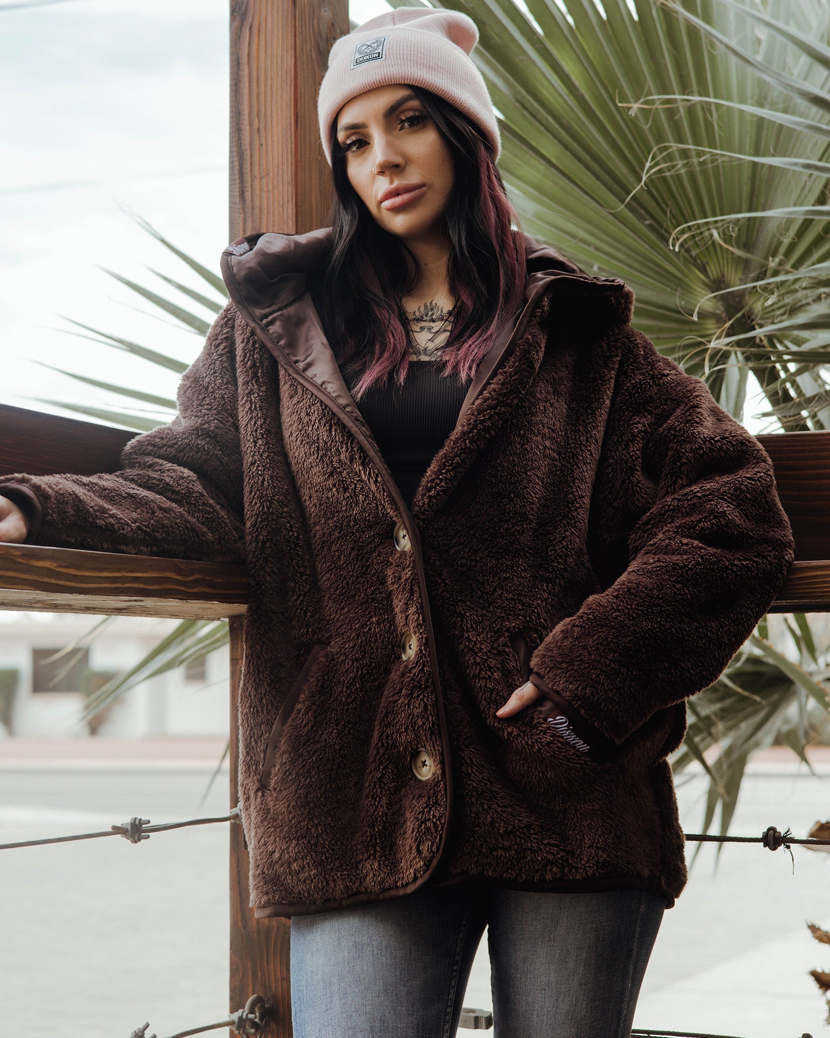 Women's Hooded Sherpa Cardigan - Mocha - Dixxon Flannel Co.