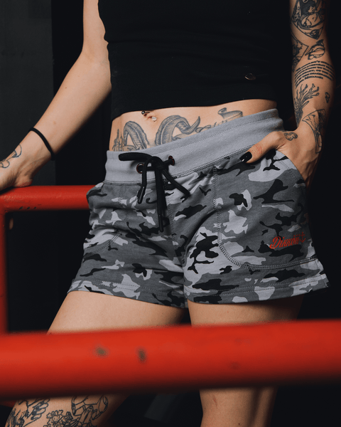 DAZZLE CAMOUFLAGE 10 ショートレギンス S womens-terry-shorts-black-camo
