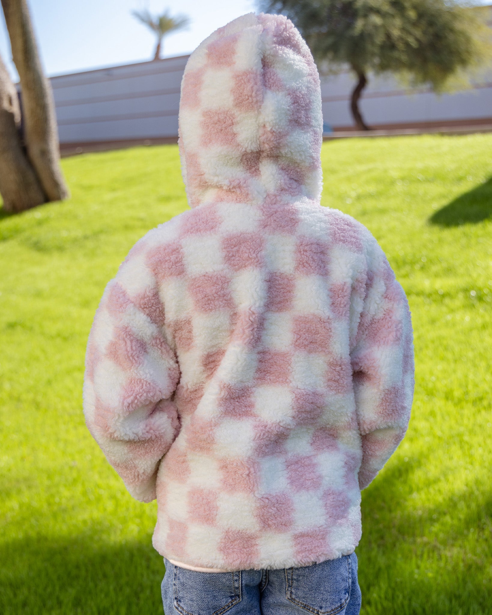 Youth Checkered Sherpa Cardigan - Pink & Cream - Dixxon Flannel Co.