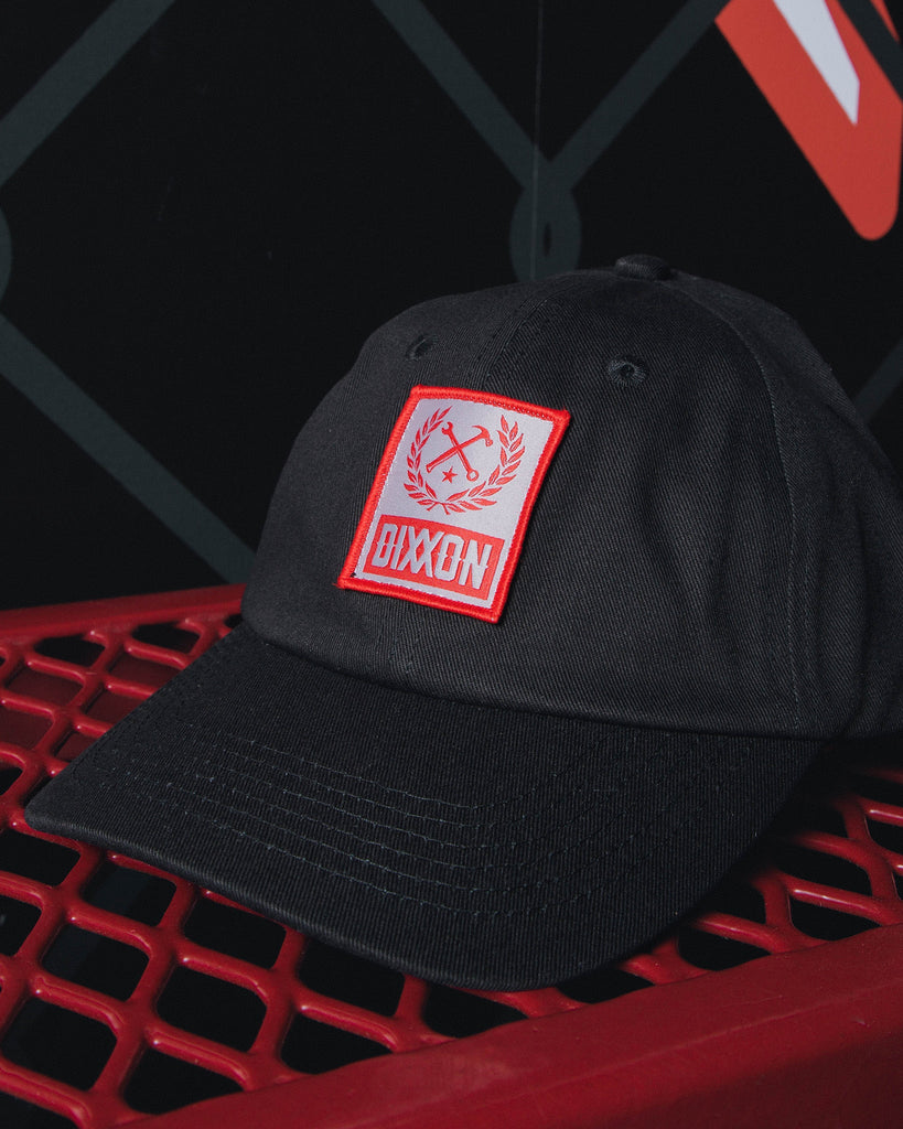 6-Panel Curved Bill Box Crest Hat - Black & Red - Dixxon Flannel Co.