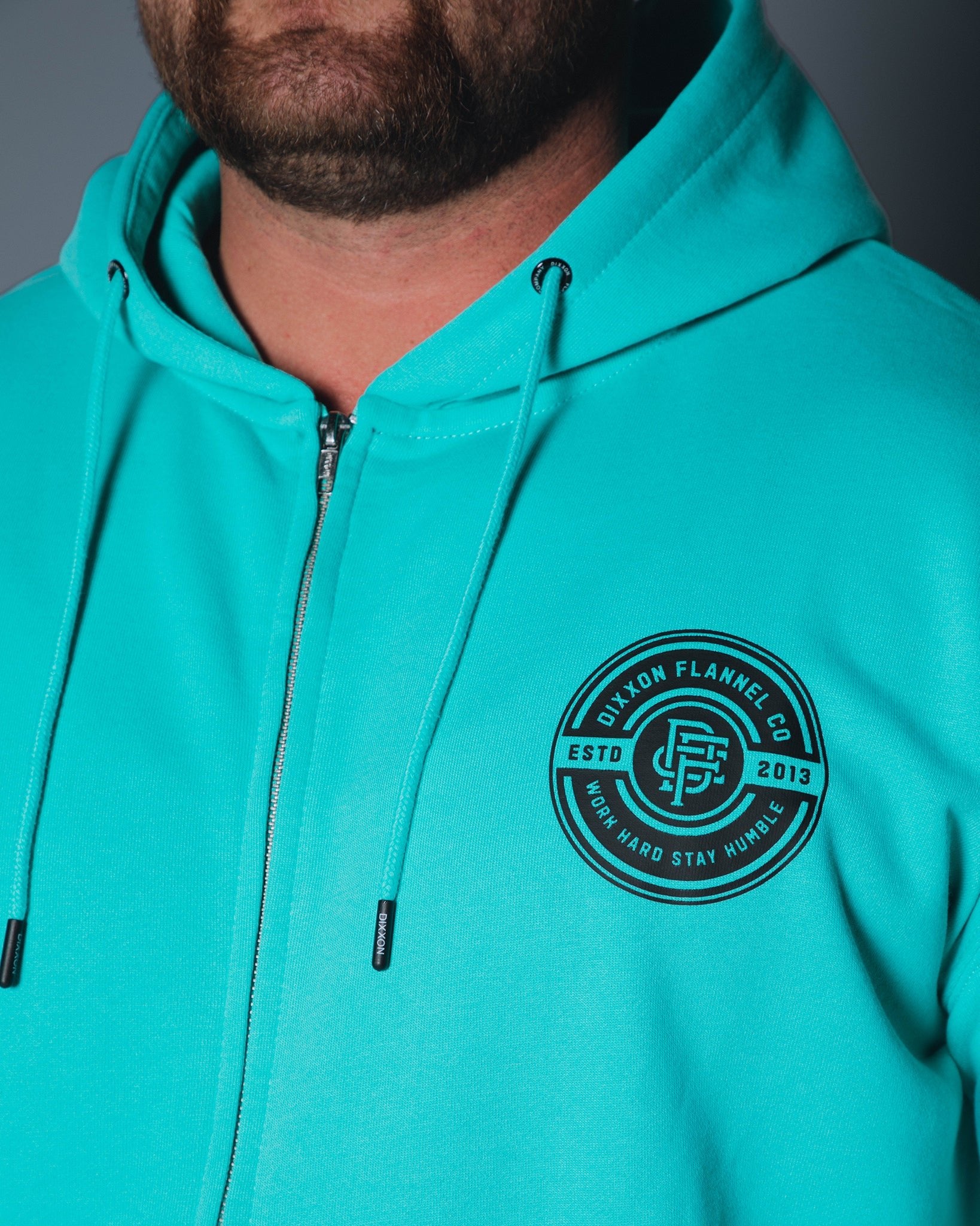Men's Black Work Hard Badge Zip Up Hoodie - Tiffany | Dixxon