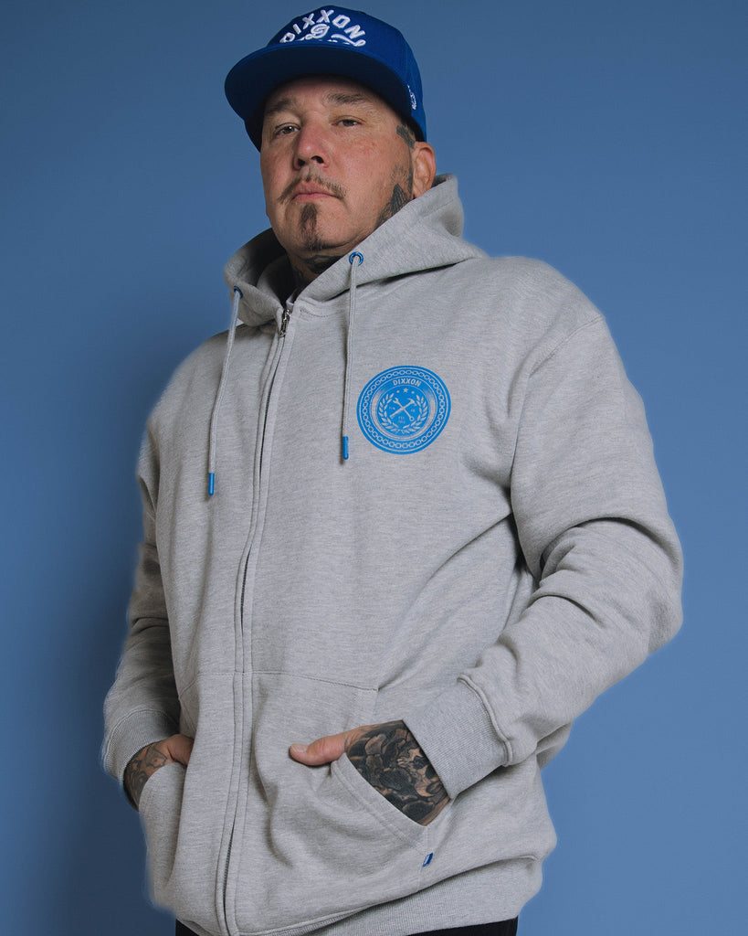 Blue Chain Badge Zip Up - Heathered Gray - Dixxon Flannel Co.