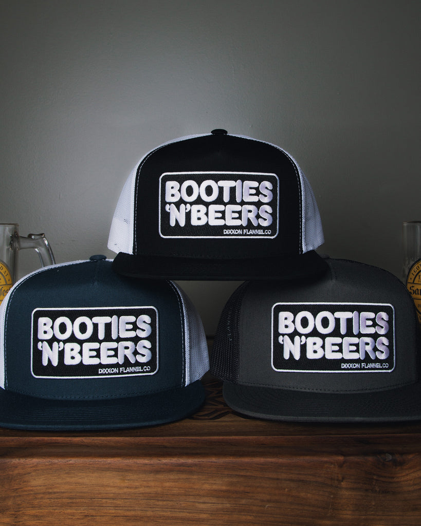 Booties N' Beers Flat Bill Trucker Snapback - Black & White - Dixxon Flannel Co.