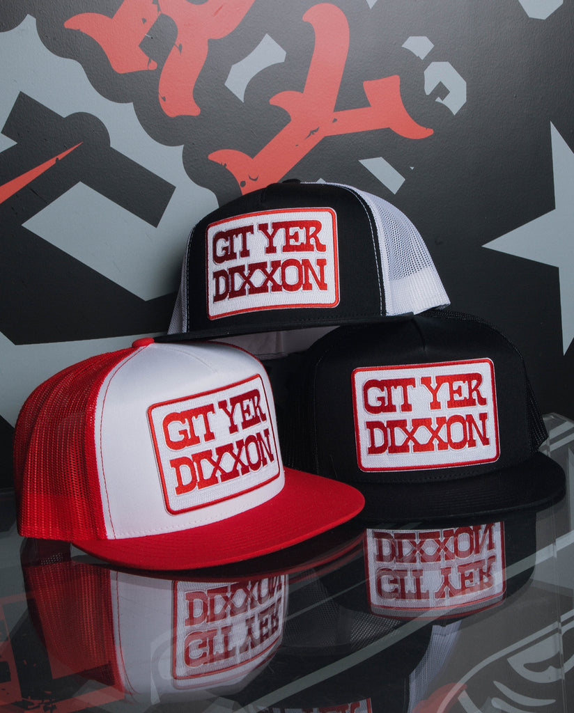 Git Yer Dixxon Flat Bill Trucker Snapback - Red & White - Dixxon Flannel Co.