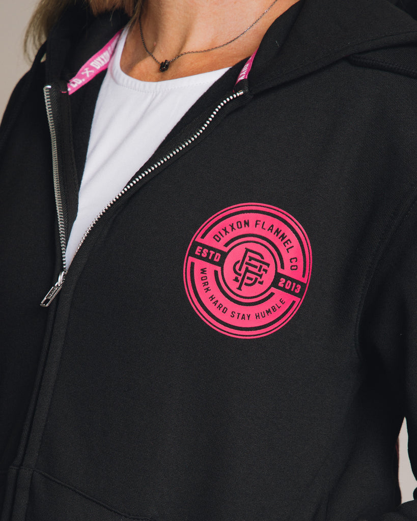 Women's Pink Work Hard Badge Zip Up - Black - Dixxon Flannel Co.