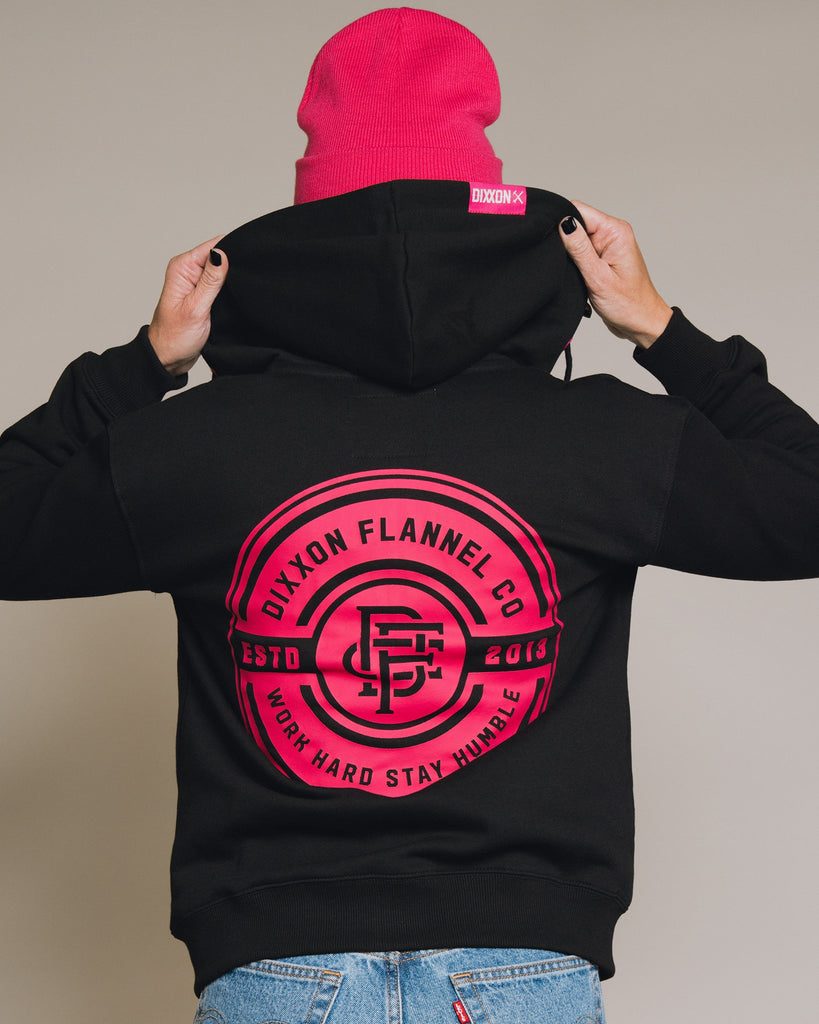 Women's Pink Work Hard Badge Zip Up - Black - Dixxon Flannel Co.