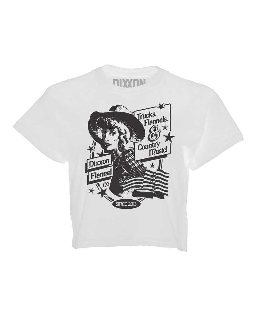 Women's Trucks, Flannels, & Country Music Crop Top - White - Dixxon Flannel Co.
