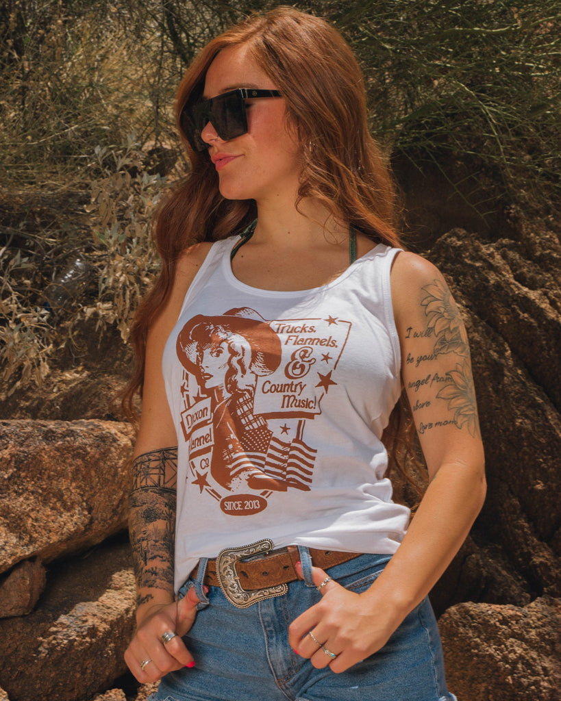 Women's Trucks, Flannels, & Country Music Fitted Tank - White - Dixxon Flannel Co.