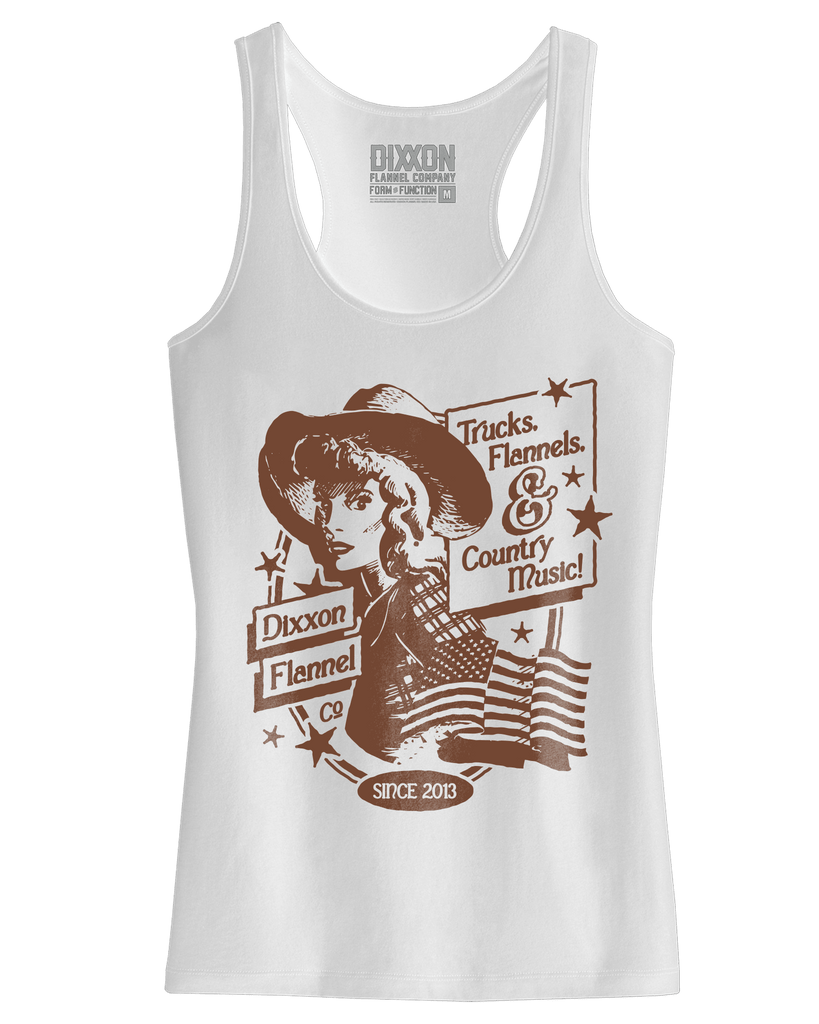 Women's Trucks, Flannels, & Country Music Fitted Tank - White - Dixxon Flannel Co.