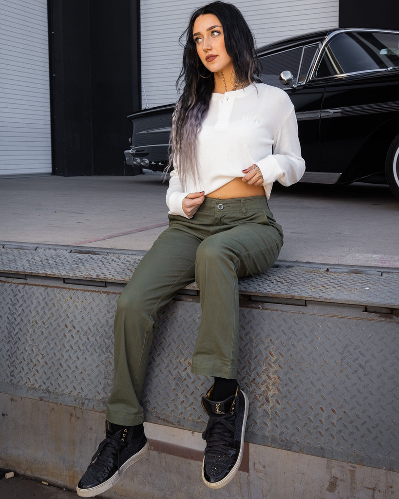 Women's Waffle Knit Long Sleeve Crop Tee - White - Dixxon Flannel Co.