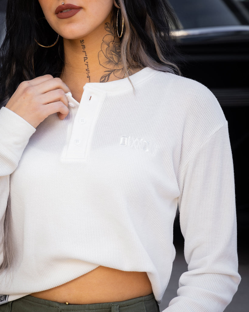 Women's Waffle Knit Long Sleeve Crop Tee - White - Dixxon Flannel Co.